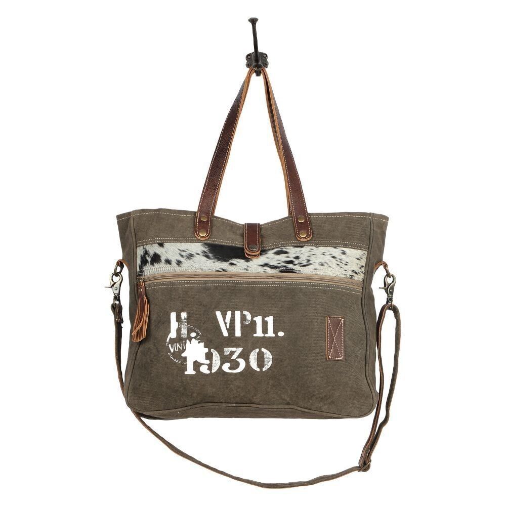 Myra Bag Handmade Classic Messenger Bag Upcycled Canvas & Cowhide Leather - Picture 4 of 6